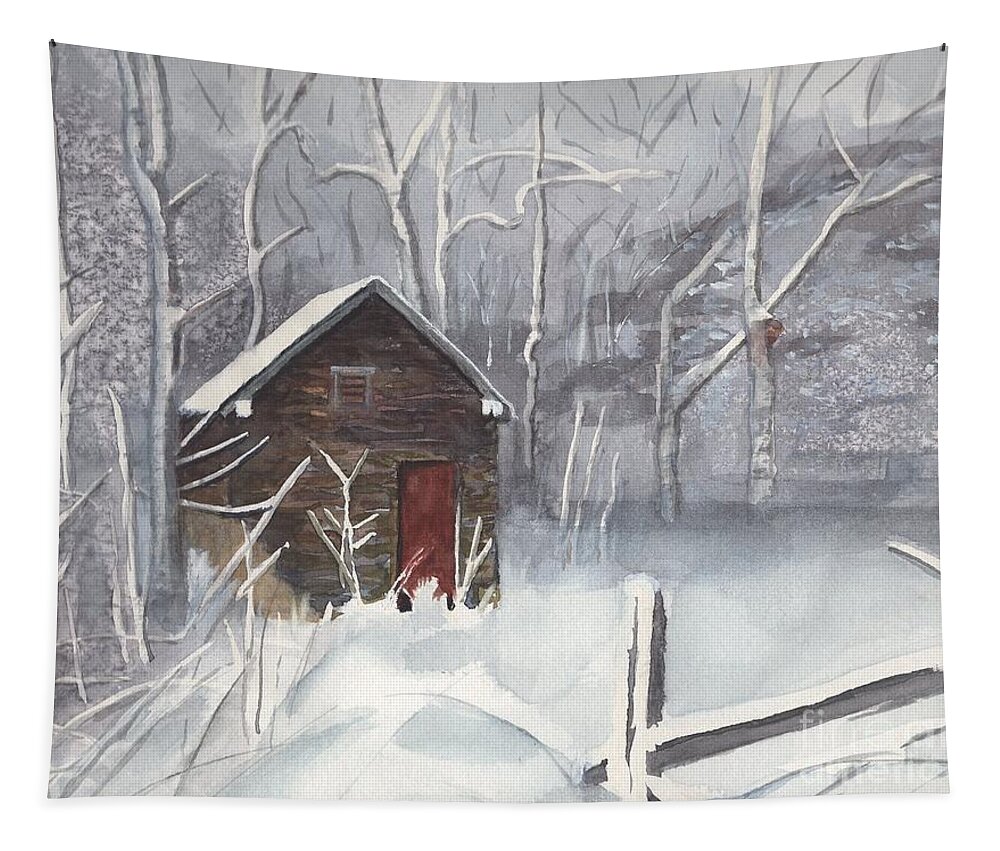 Wooden Hut Tapestry featuring the painting Red Door by Vicki B Littell