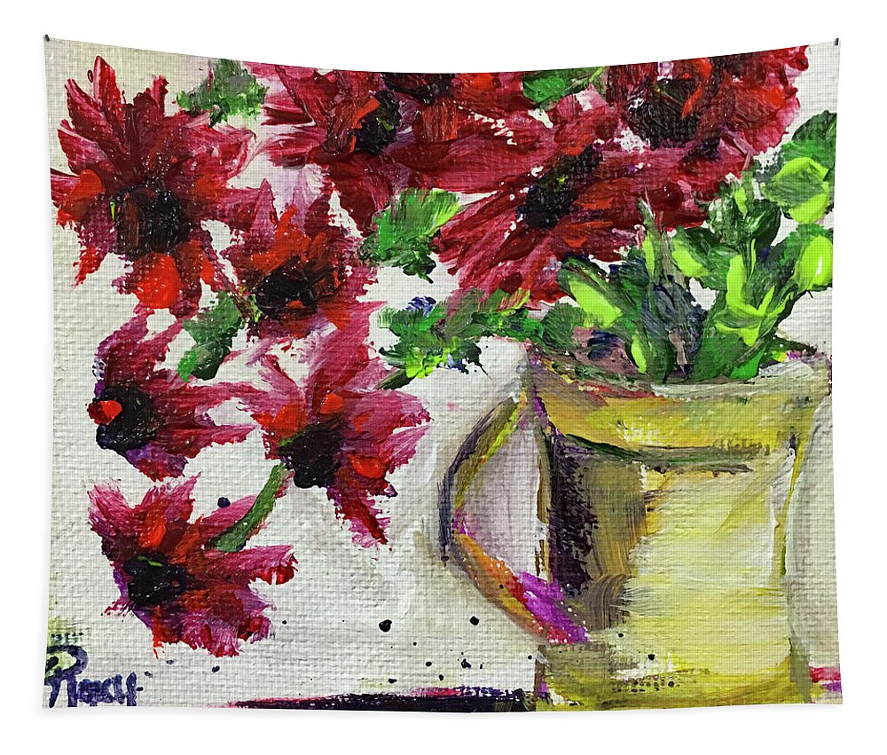 Red Flowers Tapestry featuring the painting Red Flowers in a Yellow Pitcher by Roxy Rich
