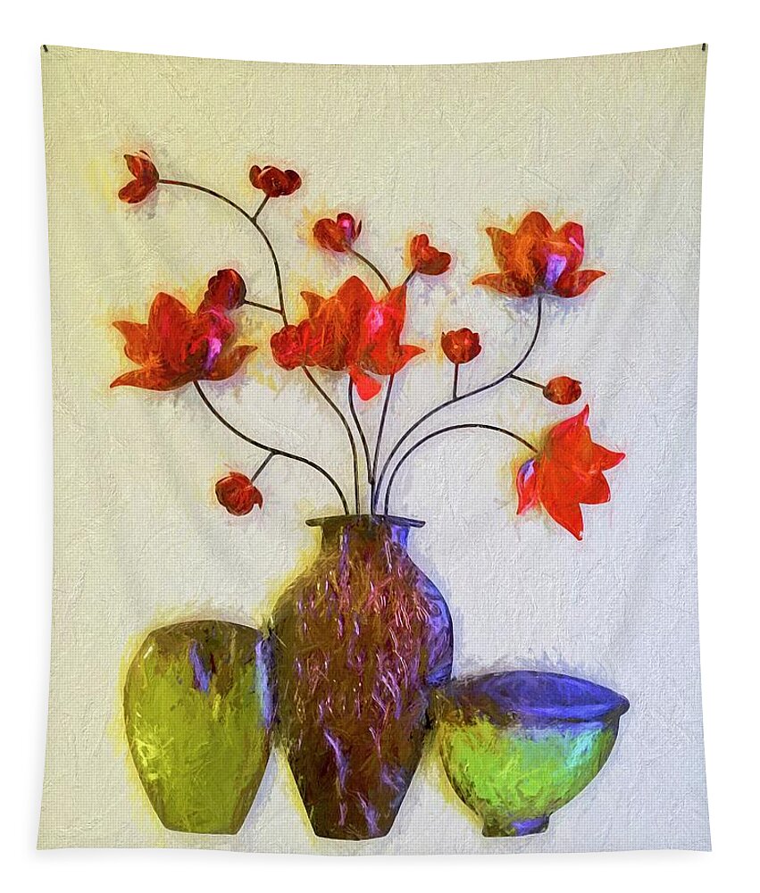 Red Tapestry featuring the photograph Red Flowers In Copper Vase by Carolyn Marshall
