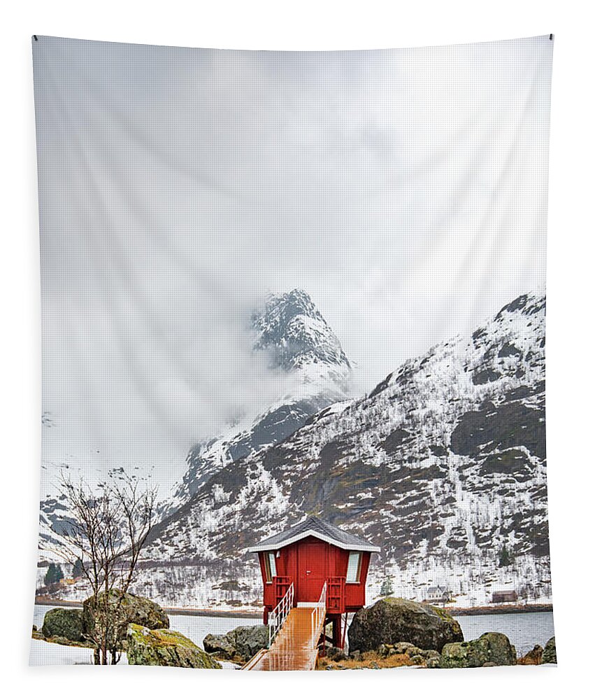 #norway #lofoten #landscape #nature #cabin #mountain #outdoor #snow Tapestry featuring the photograph Red Hot Spot by Philippe Sainte-Laudy