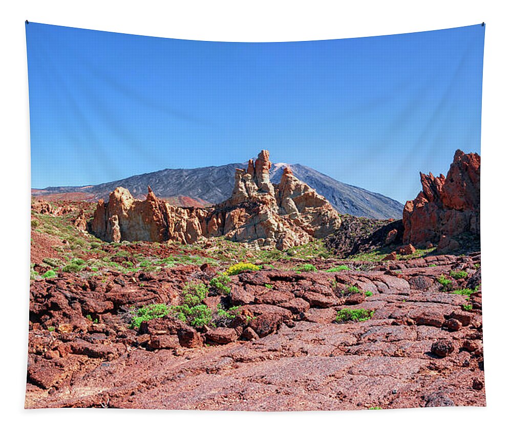 Mountains Tapestry featuring the photograph Red lava rock in the Teide National Park by Sun Travels