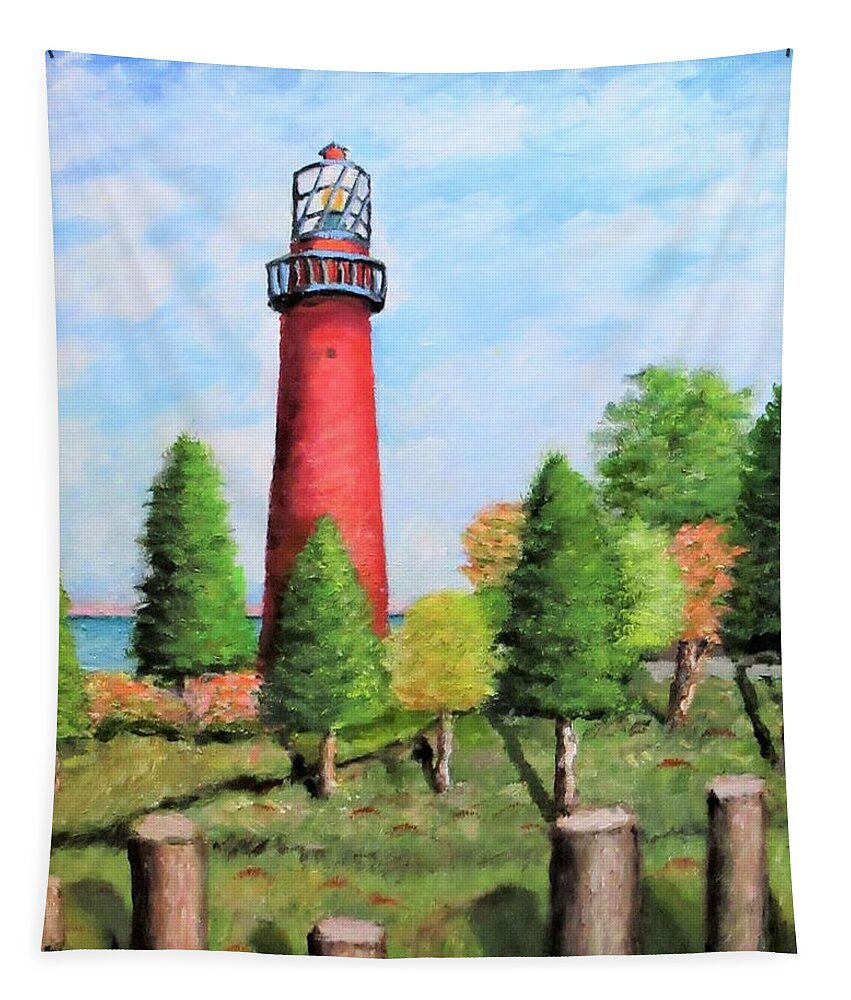 Landscape Tapestry featuring the painting Red Lighthouse by Gregory Dorosh
