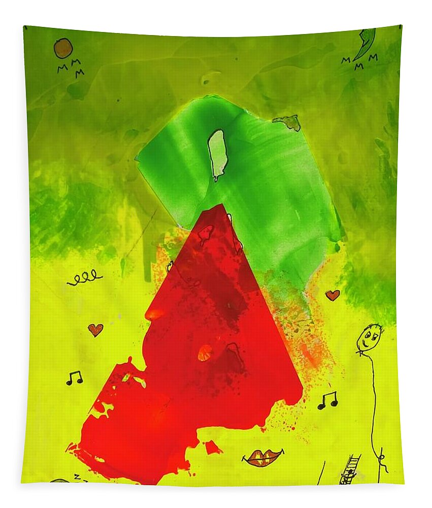  Tapestry featuring the mixed media Red on Green with Music 111410 by Lew Hagood