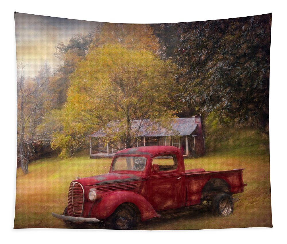 Truck Tapestry featuring the photograph Red Pickup Truck at the Farm Painting by Debra and Dave Vanderlaan