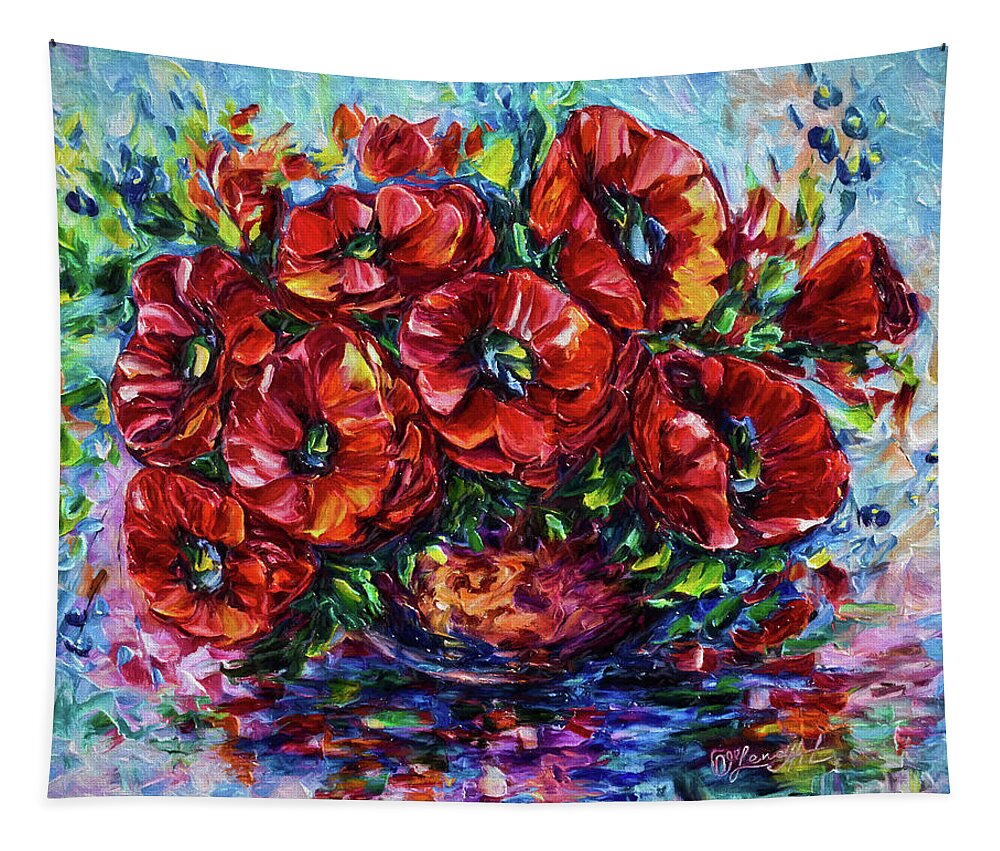  #flowers Tapestry featuring the painting Red Poppies In A Vase by O Lena