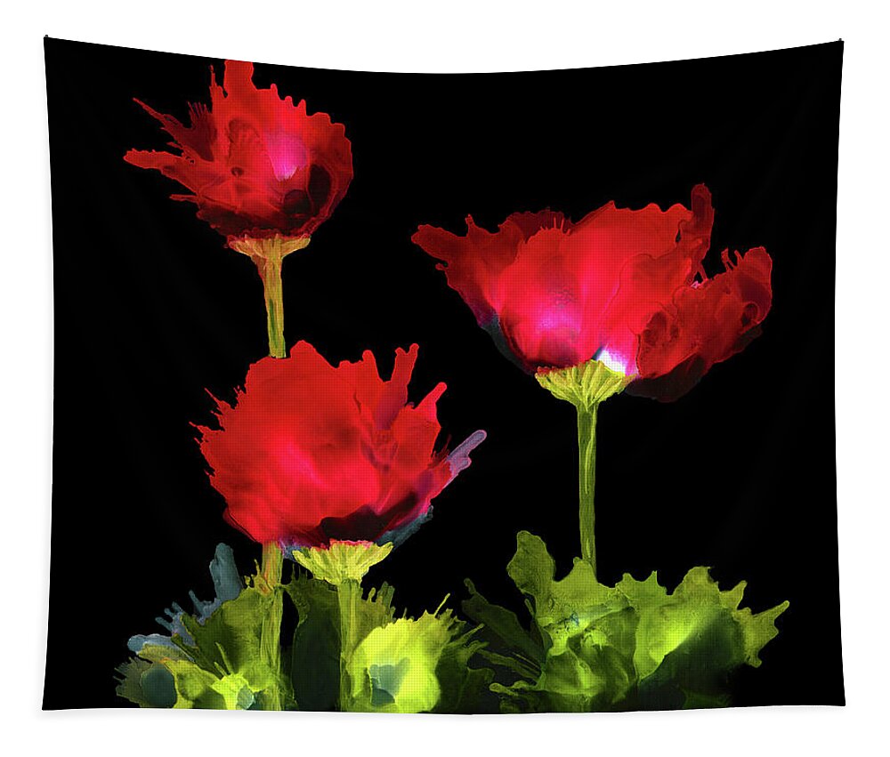Red Tapestry featuring the painting Red Poppies on Black Background Alcohol Ink Painting by Deborah League