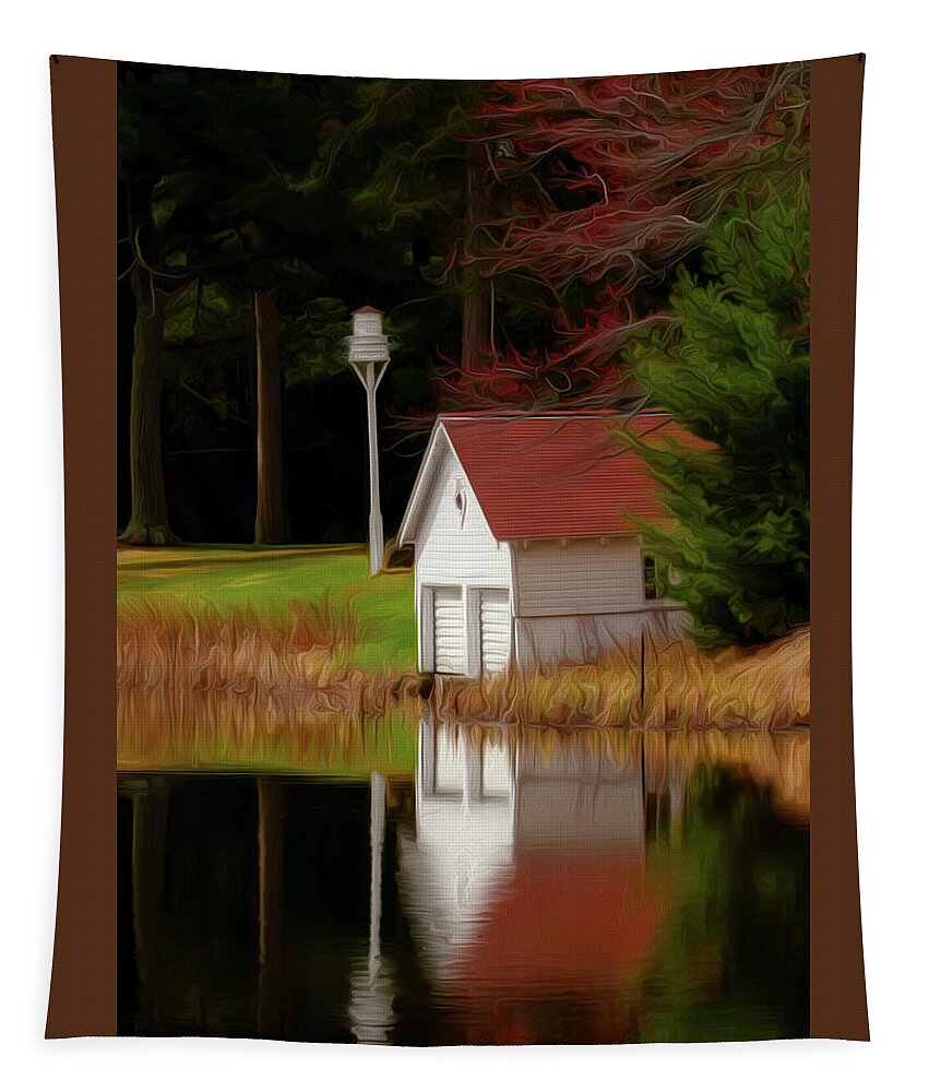 Red Roof Boat House Tapestry featuring the photograph Red Roof Boat House by Sandra J's