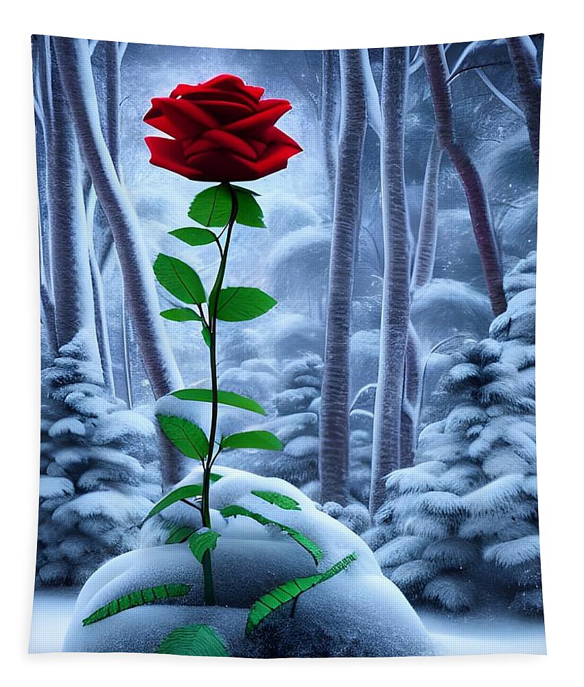 Digital Tapestry featuring the digital art Red Rose in the Snow by Beverly Read