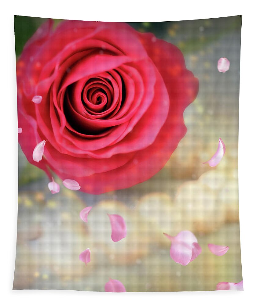 Rose Tapestry featuring the mixed media Red Rose Pearls And Petals by Johanna Hurmerinta