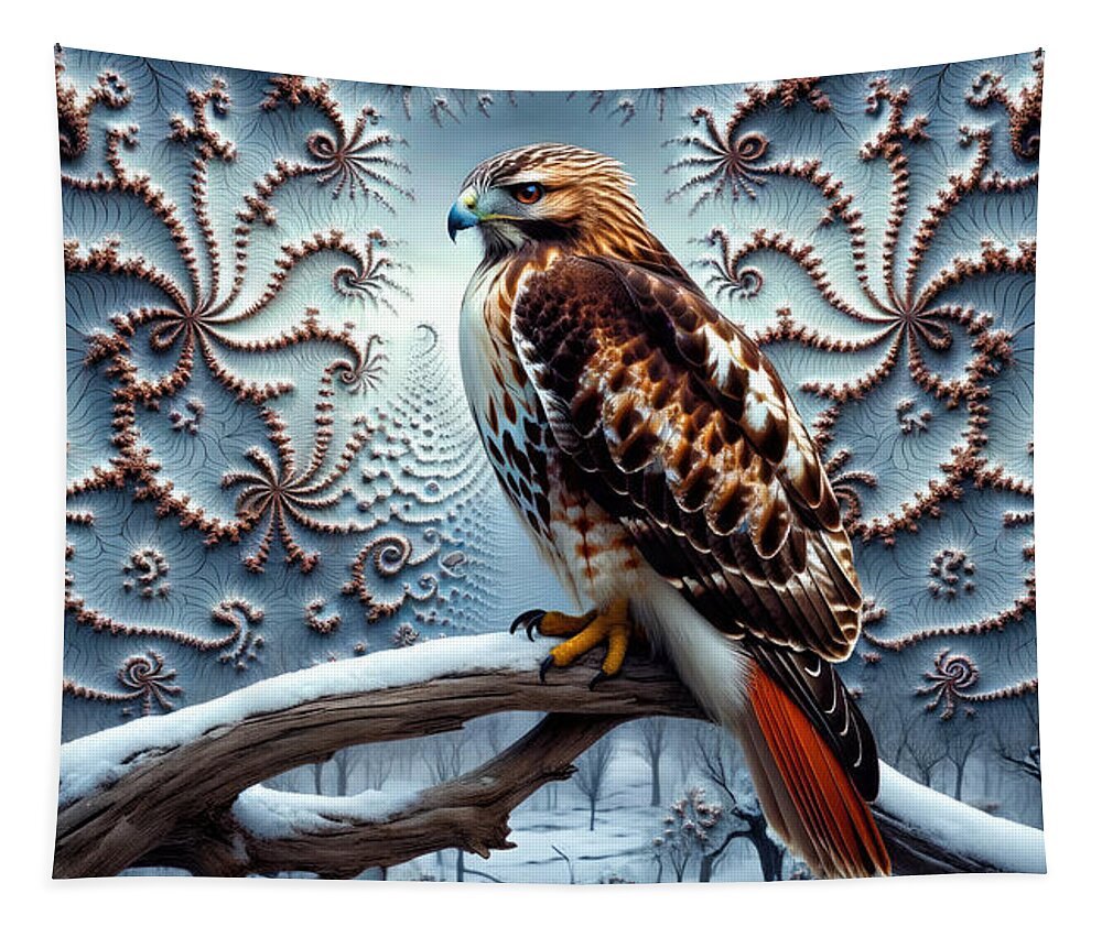 Red-tailed Hawk Tapestry featuring the digital art Red-Tailed Fractal Sovereign by Bill And Linda Tiepelman