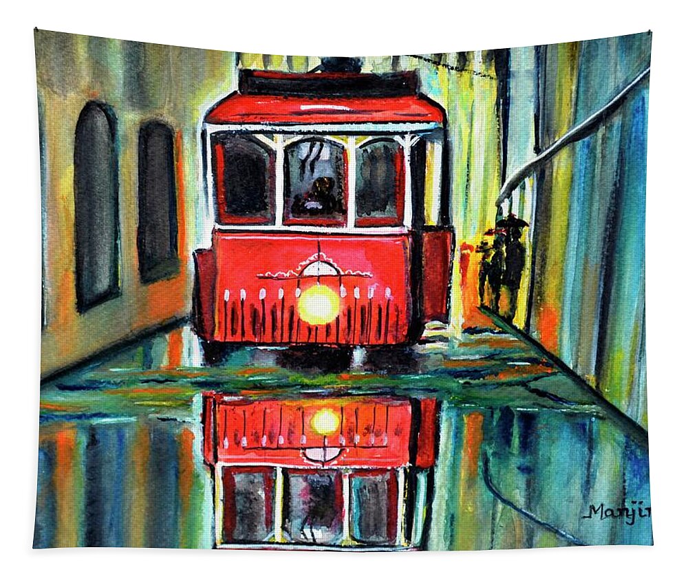 Redtram Tapestry featuring the painting Red Tram Rainy landscape by Manjiri Kanvinde