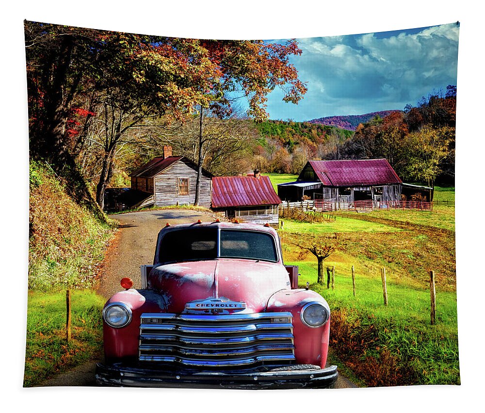 Truck Tapestry featuring the photograph Red Truck in Autumn Colors at the Barns by Debra and Dave Vanderlaan