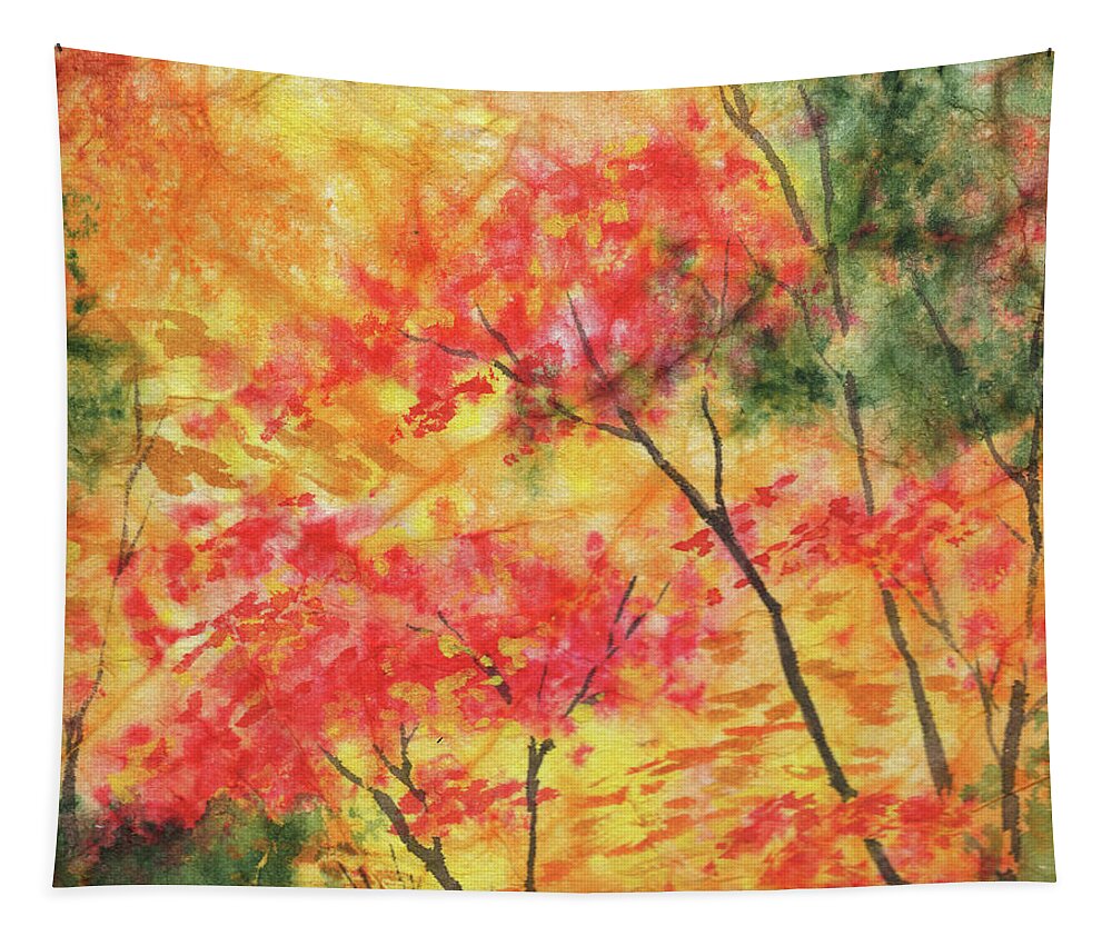 Fall Landscape Tapestry featuring the painting Red Yellow Green Autumn Trees Watercolor by Irina Sztukowski