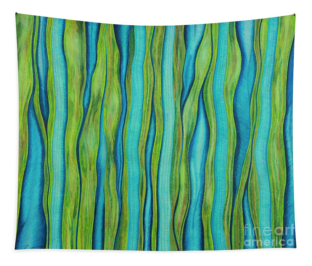 Blue Green Scottbrennanart Abstract Prismacolor Pencils Reeds Water Tapestry featuring the drawing Reeds In Cascade by Scott Brennan