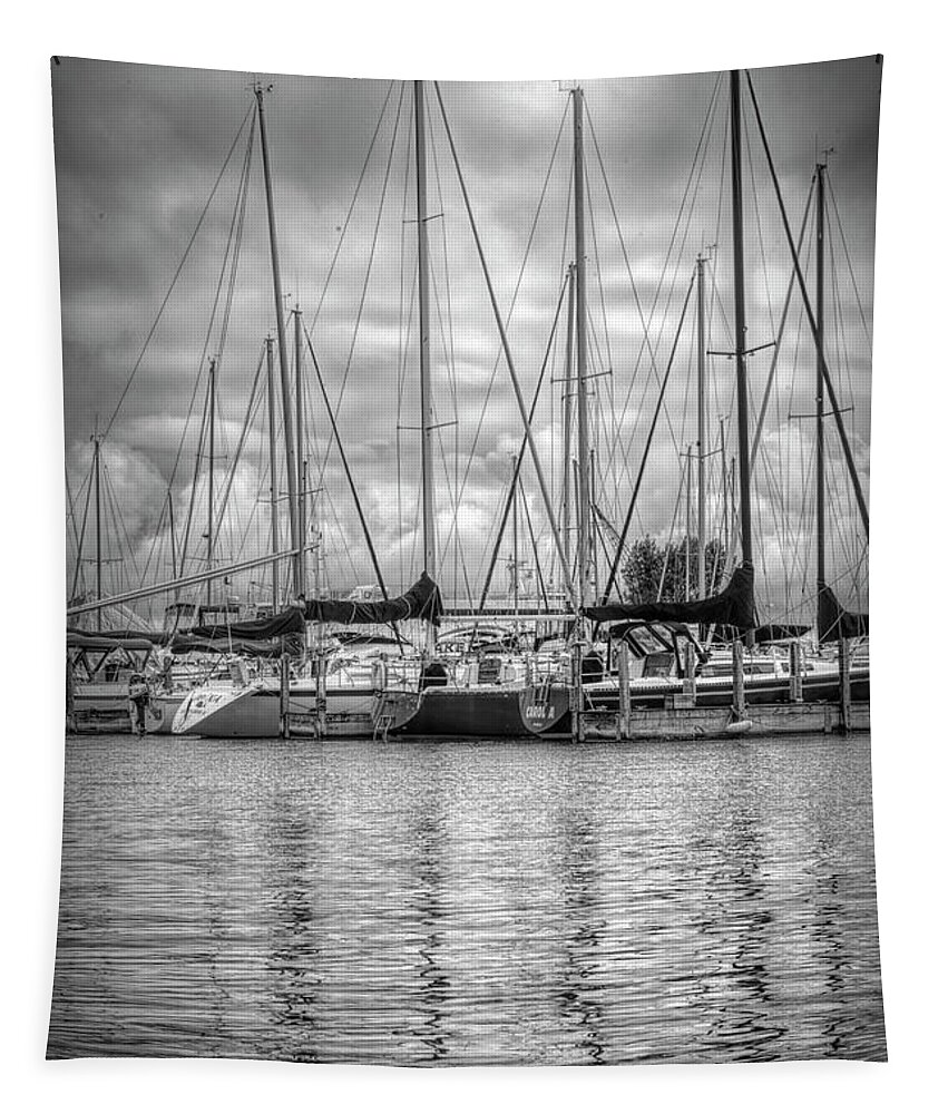 Boats Tapestry featuring the photograph Reflections and Boats at the Harbor in Black and White by Debra and Dave Vanderlaan