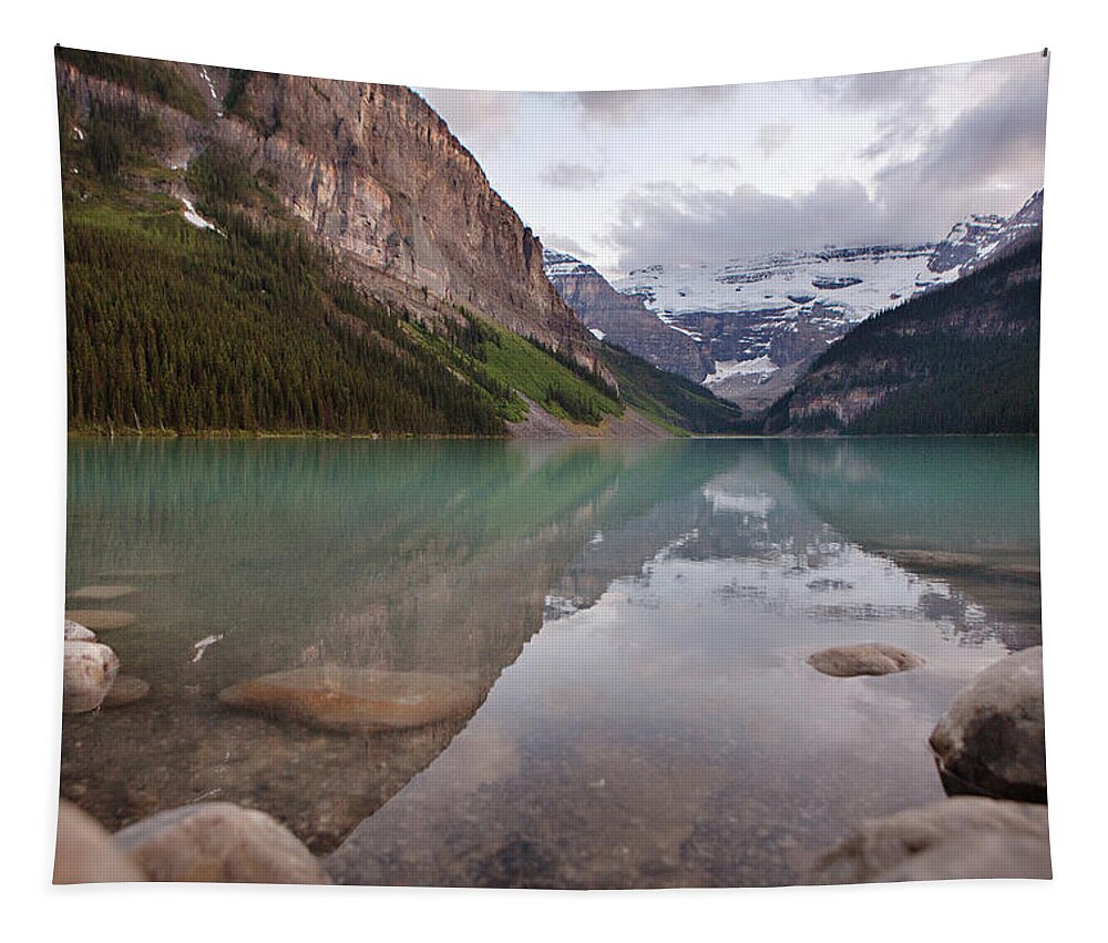 Landscape Tapestry featuring the photograph Reflections at Lake Louise by Carolyn Ann Ryan