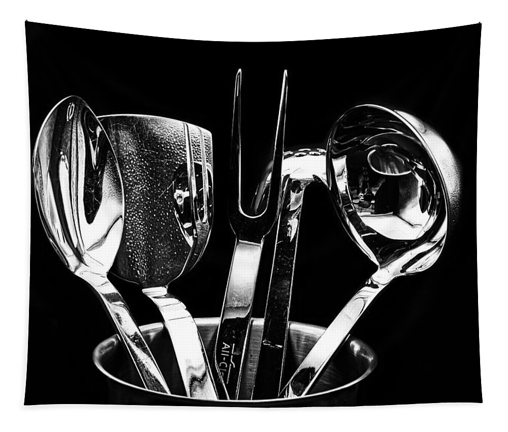 Black And White Tapestry featuring the photograph Reflections in Cooking Tools by Stuart Litoff