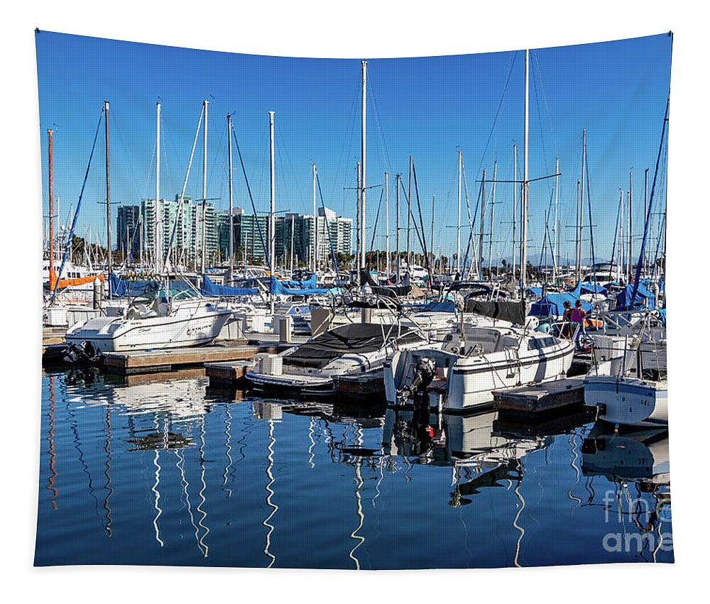 Sailboats Tapestry featuring the photograph Reflections of sailboats in blue water by Roslyn Wilkins
