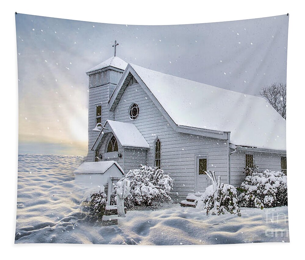Church Tapestry featuring the photograph Refuge in the Snow by Shelia Hunt