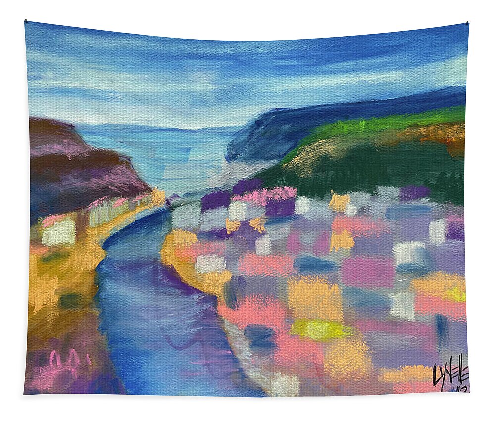 River Tapestry featuring the pastel Reiverside Village by Lynellen Nielsen