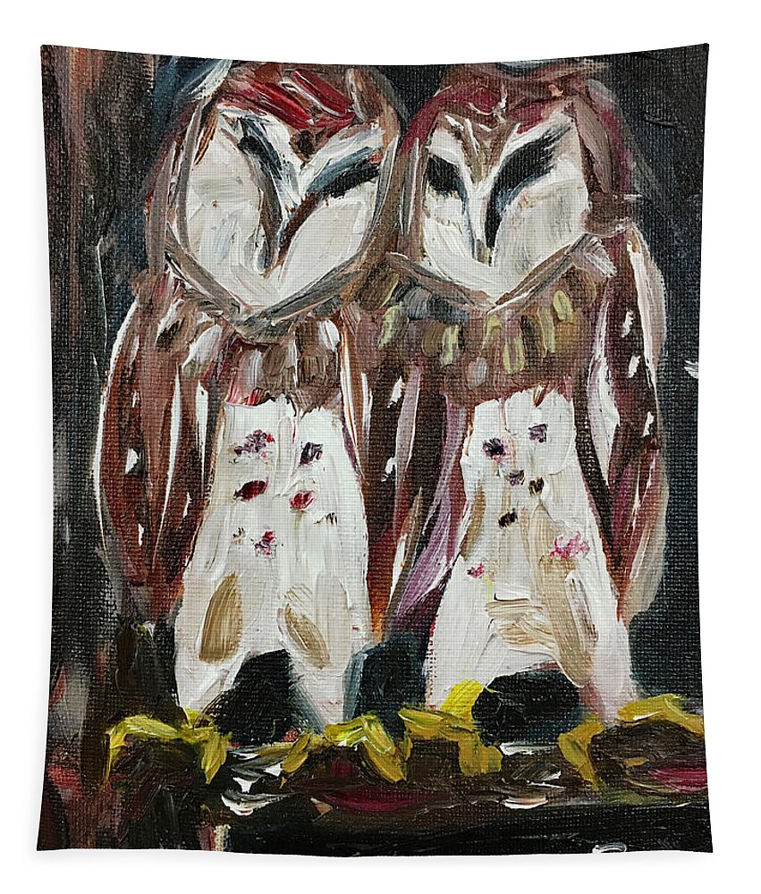 Owls Tapestry featuring the painting Resident Gangstas Backyard Barn Owls by Roxy Rich