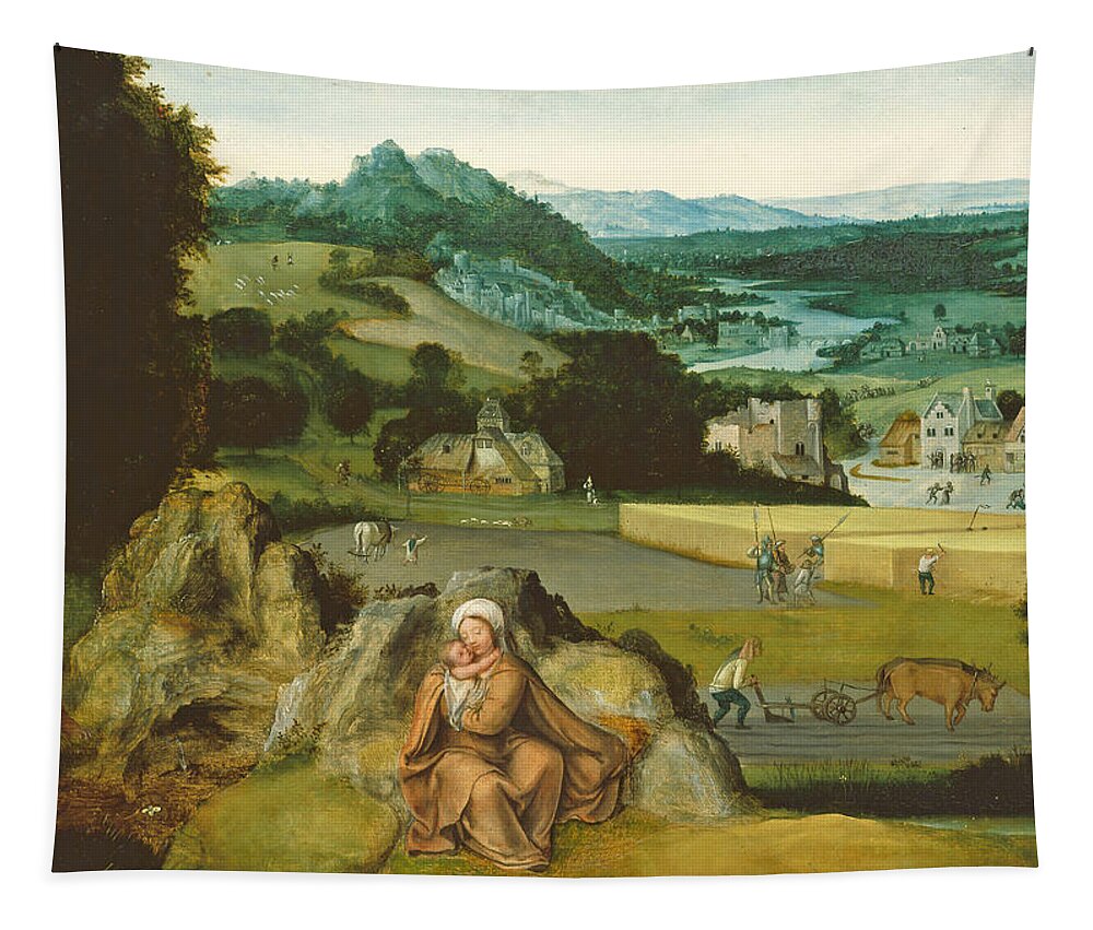 Joachim Patinir Tapestry featuring the painting Rest on the Flight into Egypt and the Miraculous Field of Wheat by Joachim Patinir