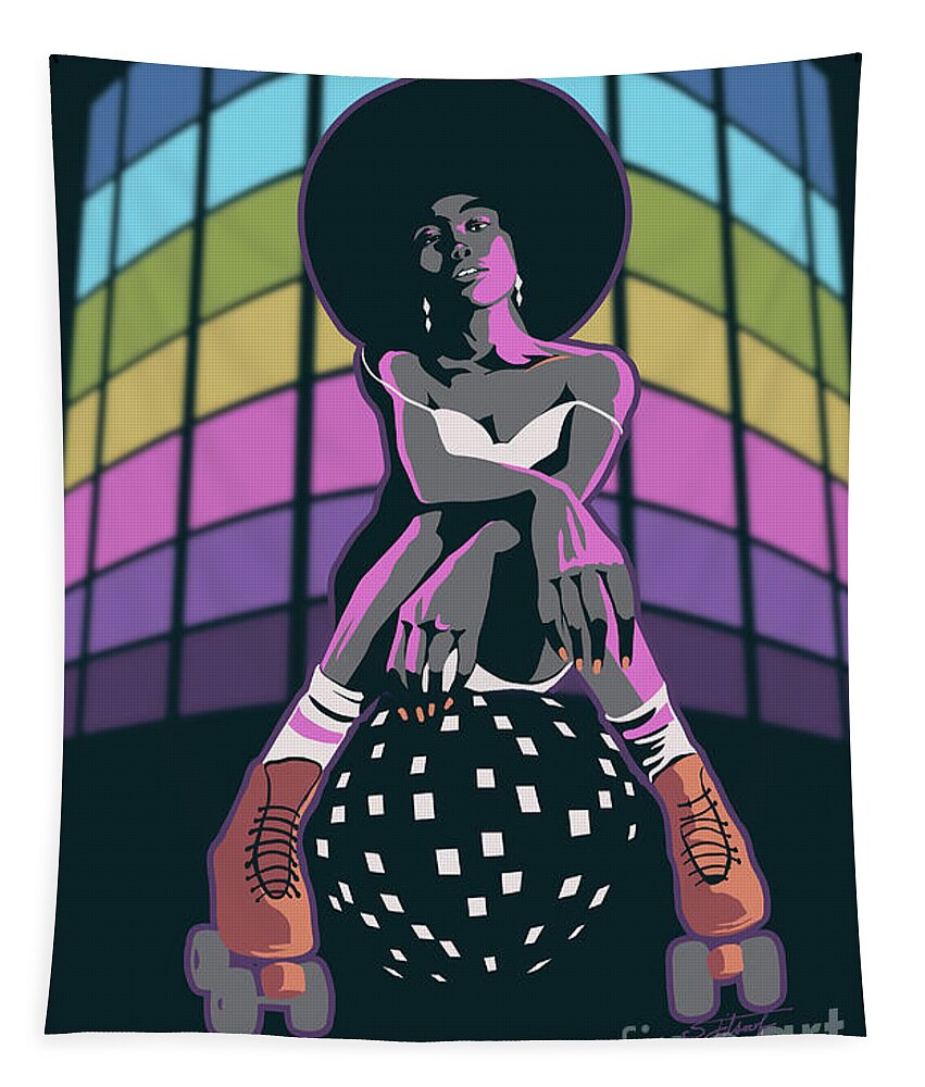 Roller Skate Tapestry featuring the painting Retro Disco Roller Queen by Sassan Filsoof