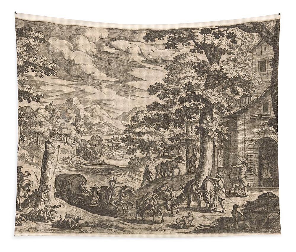 Vintage Tapestry featuring the painting Return of the hunt, Antonio Tempesta, 1599 by MotionAge Designs