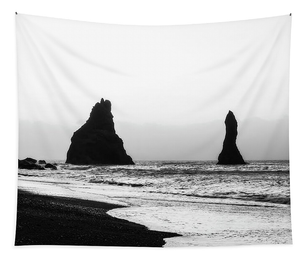 Iceland Tapestry featuring the photograph Reynisfjara Beach Iceland Black and White by Catherine Reading