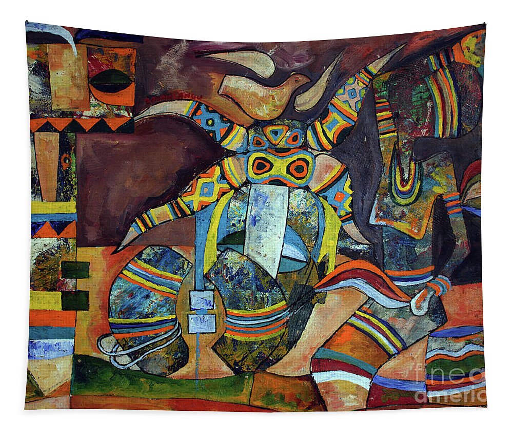 Speelman Mahlangu Tapestry featuring the painting Riksha Man by Speelman Mahlangu