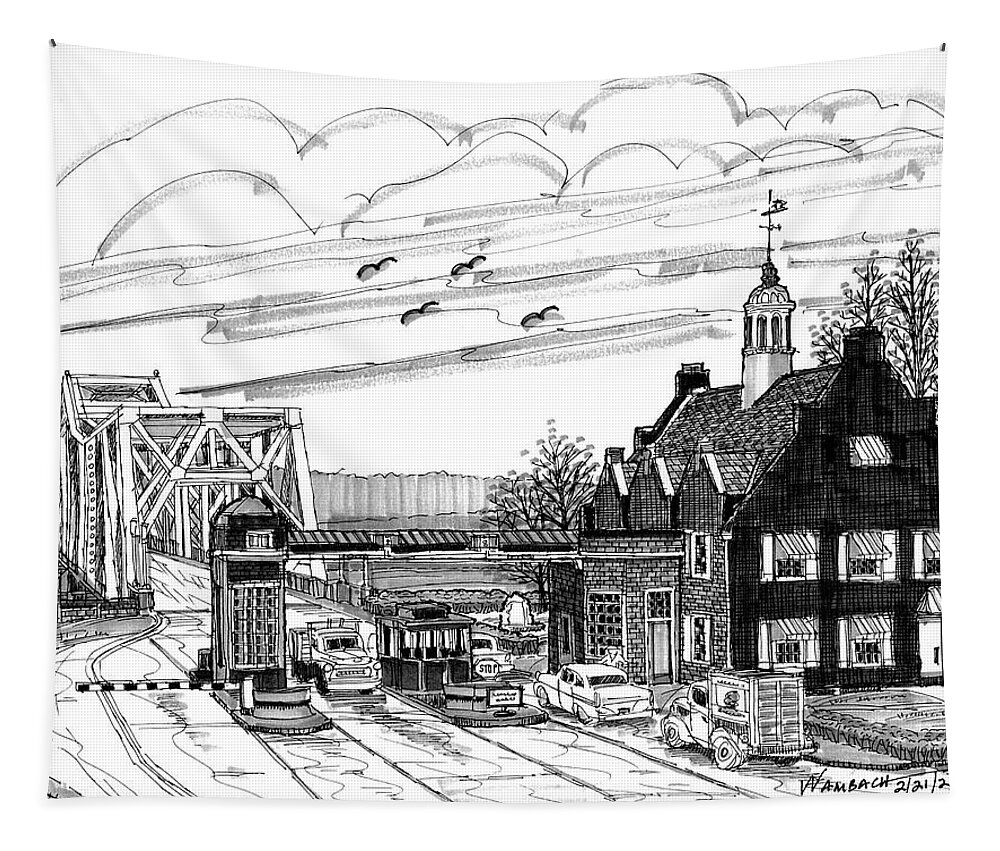 Hudson River Bridges Tapestry featuring the drawing Rip Van Winkle Bridge Catskill NY by Richard Wambach