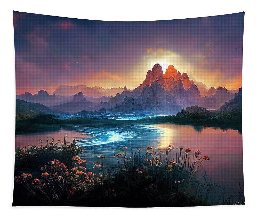 River Tapestry featuring the mixed media River Mountain Landscape by John DeGaetano