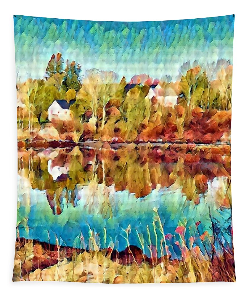 Landscape Tapestry featuring the mixed media River Reflections in Autumn by Lisa Pearlman