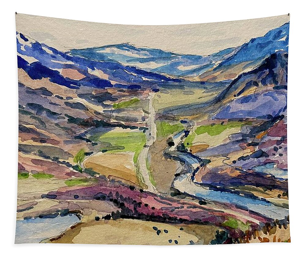 Yellowstone Tapestry featuring the painting Road to Gardiner by Les Herman