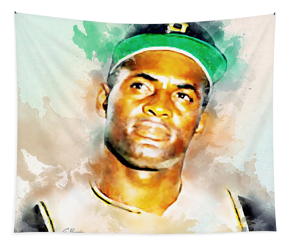Beisbol Tapestry featuring the digital art Roberto Clemente by Charlie Roman