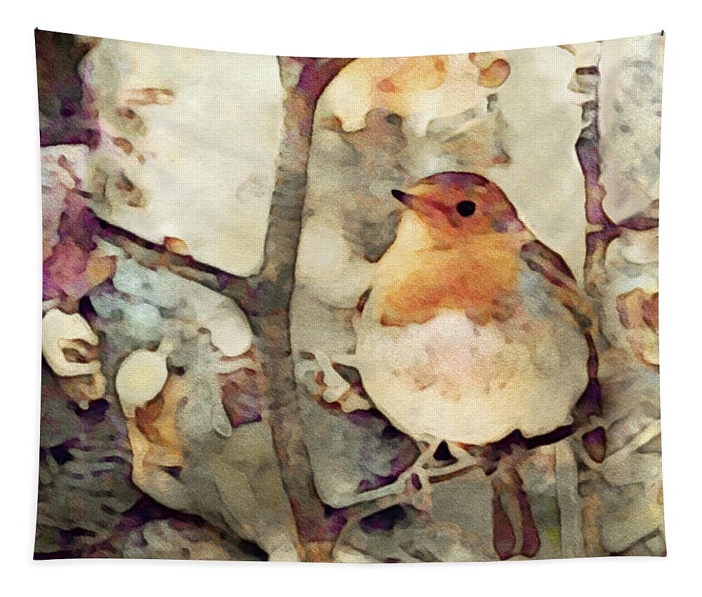 Robin In A Tree Tapestry featuring the digital art Robin Song of Spring by Susan Maxwell Schmidt