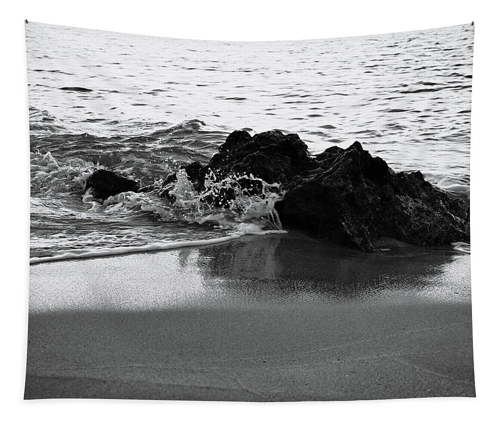 Be Like Water Tapestry featuring the photograph Rock and Waves in Albandeira Beach. Monochrome by Angelo DeVal