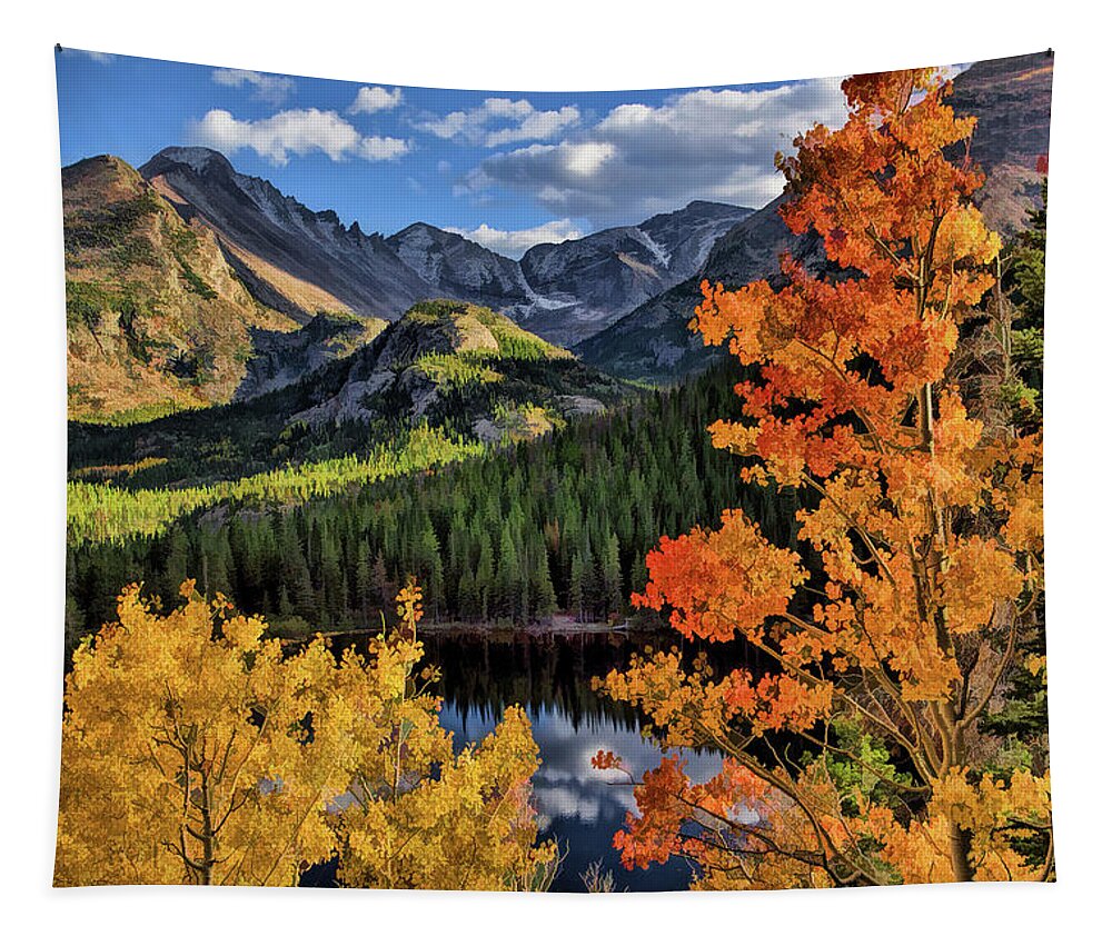 Rocky Mountains Tapestry featuring the painting Rocky Mountain National Park Bear Lake Autumn by Christopher Arndt