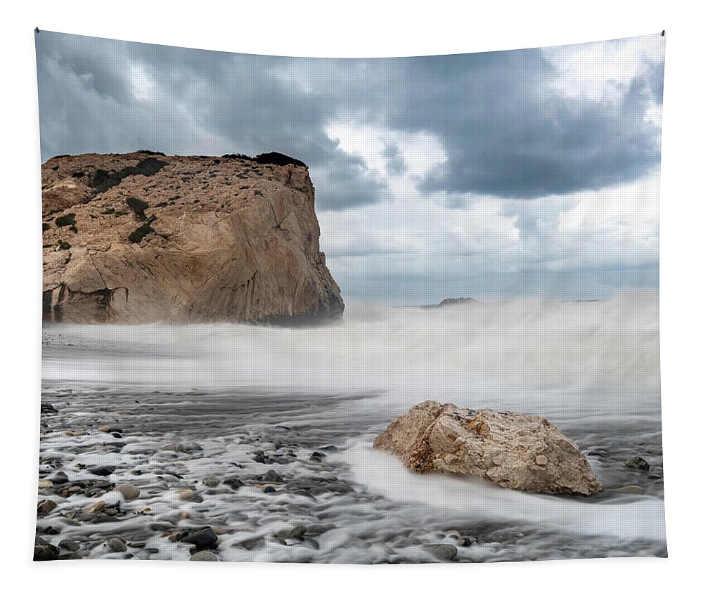 Waves Tapestry featuring the photograph Rocky Seascape during Storm by Michalakis Ppalis
