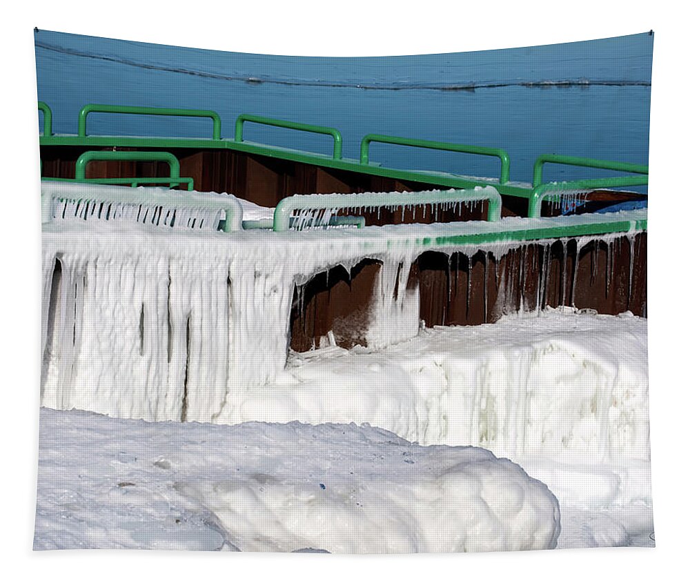 Color Tapestry featuring the photograph Rogers City Swim pier in Winter by Allyson Schwartz
