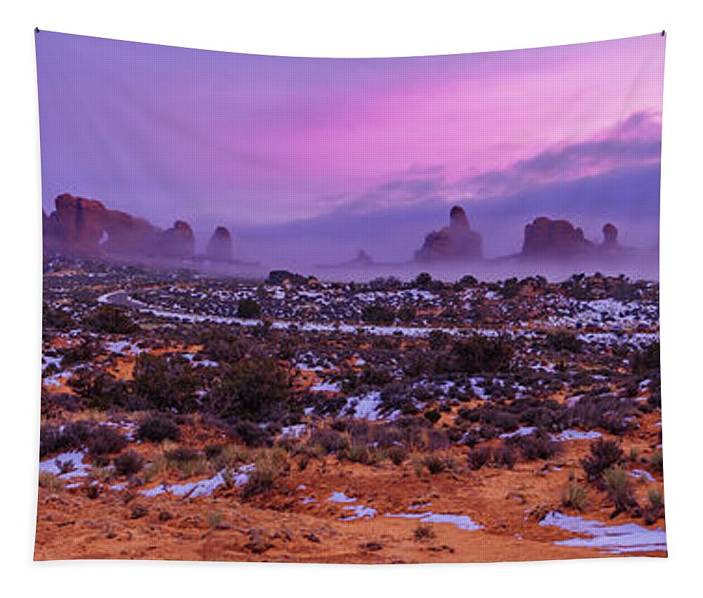 Rolling Mist Through Arches Tapestry featuring the photograph Rolling Mist Through Arches by Chad Dutson