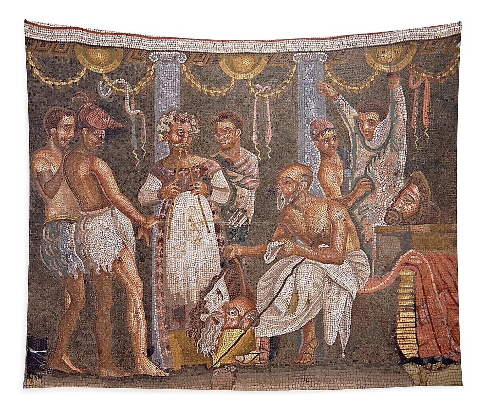 Actor Tapestry featuring the photograph Roman mosaic of actors from the Casa del Poet Tragic - Pompeii - Naples Archaeological Musum by Paul E Williams