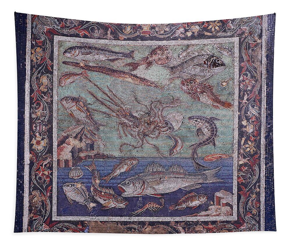 Seascape Tapestry featuring the photograph Roman mosaic of fish from Pompei - Naples Archaeological Musum Italy by Paul E Williams