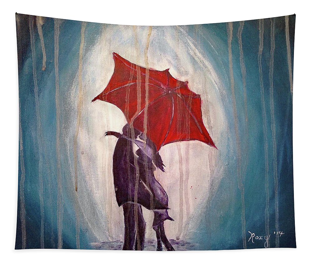 Romantic Couple Tapestry featuring the painting Romantic Couple under Umbrella by Roxy Rich