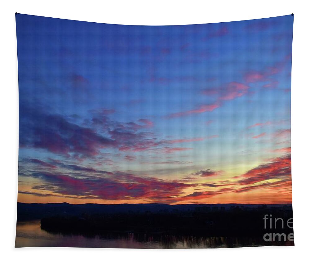 Nature Tapestry featuring the photograph Romantic Sunset with Love Story with Clouds by Leonida Arte