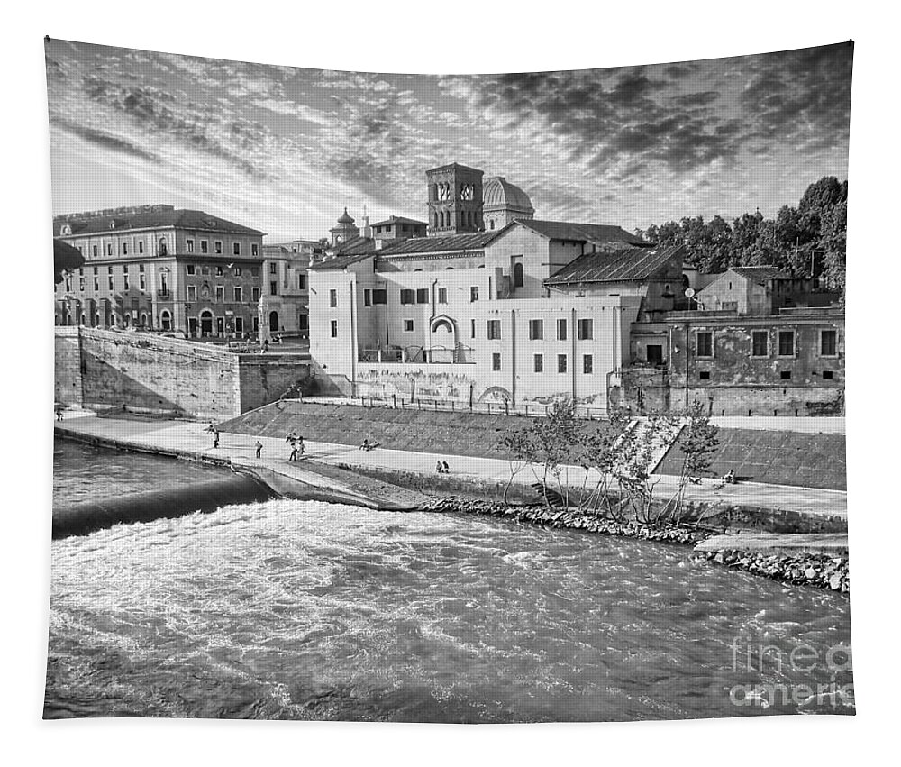 Trastevere Tapestry featuring the photograph Rome - Tiber River and Tiber Island Black and White by Stefano Senise