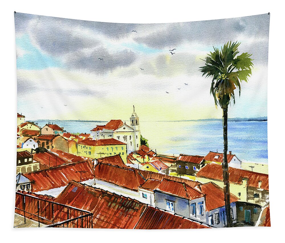 Portugal Tapestry featuring the painting Rooftops of Alfama in Lisbon by Dora Hathazi Mendes