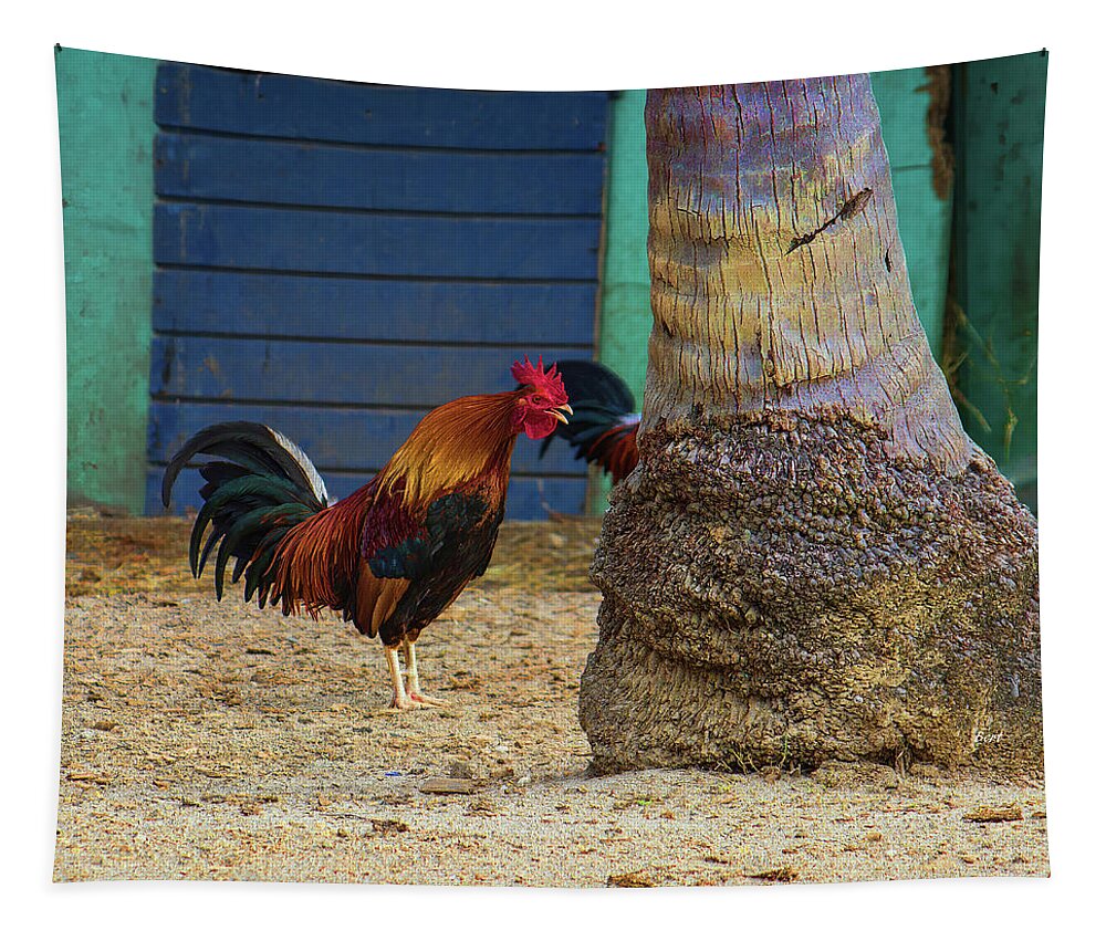 Rooster Tapestry featuring the photograph Rooster Crowing at a Tree by Roberta Byram