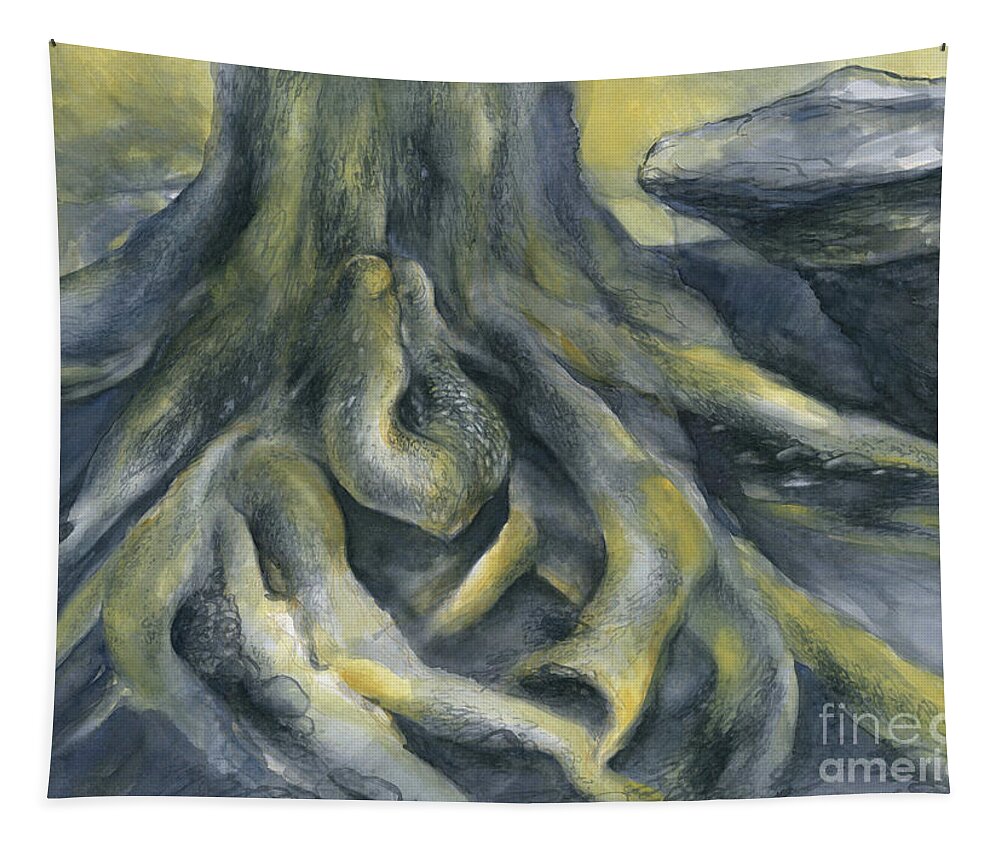 Root Tapestry featuring the painting Root on the rock plateau by Adriana Mueller