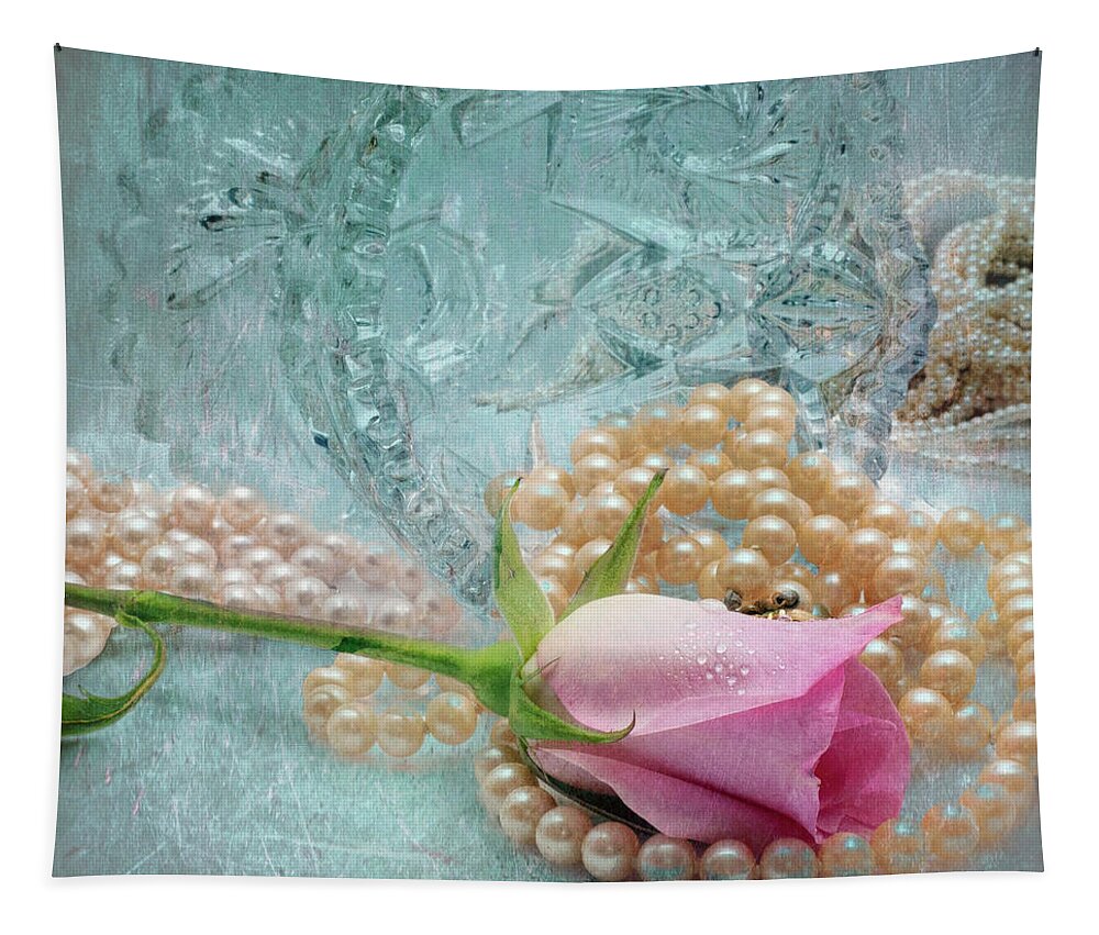 Still Life Tapestry featuring the photograph Rose, parts and crystal still life by Cordia Murphy